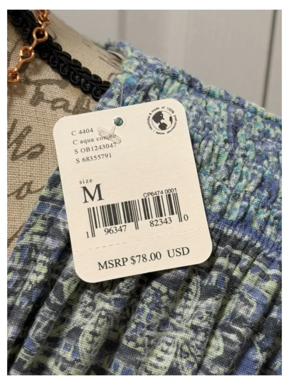 FREE PEOPLE Next Vacation M Top Deep V-Neck Wide Smocked Waist Pretty Blues NWT